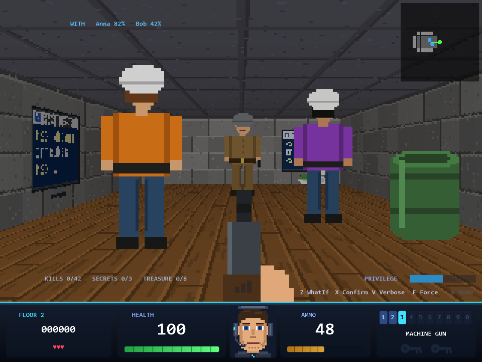 Two co-op teammates in a blue brick corridor