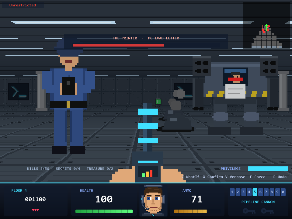Actual POLF 3D gameplay: the Pipeline Cannon faces a guard and The Printer boss